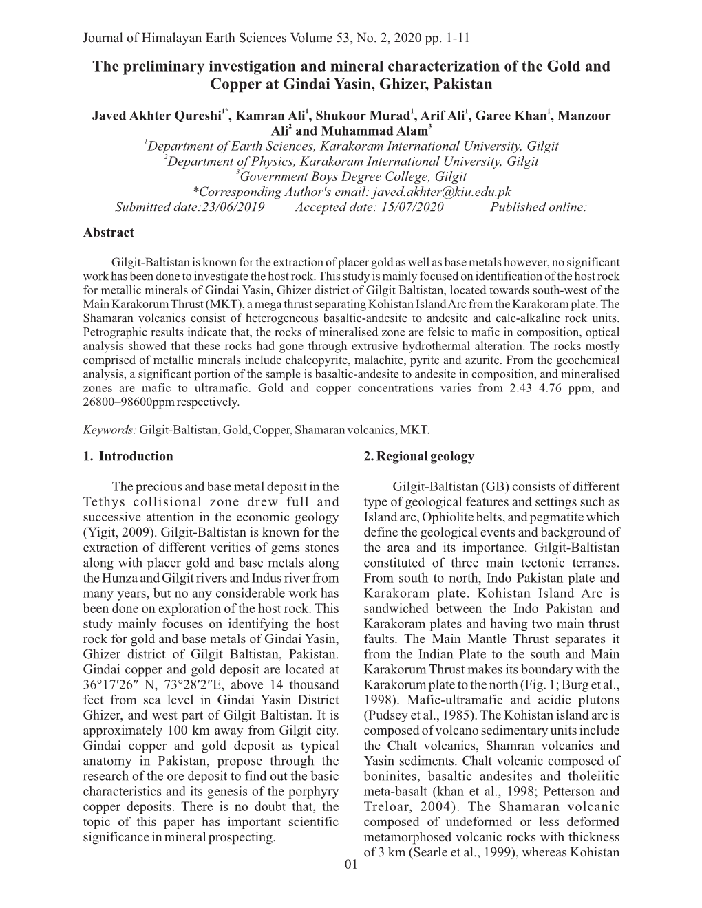 The Preliminary Investigation and Mineral Characterization of the Gold and Copper at Gindai Yasin, Ghizer, Pakistan