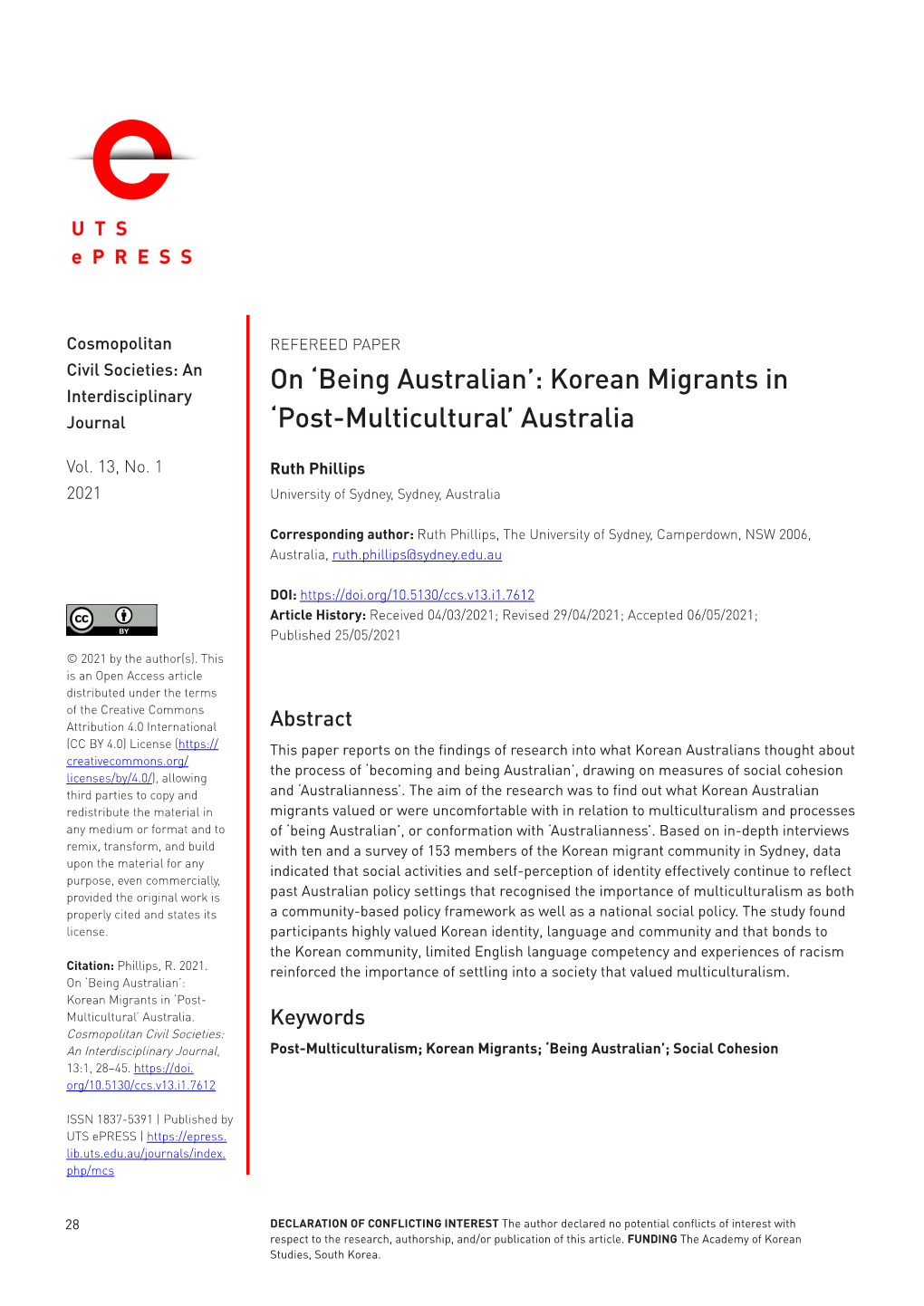 'Being Australian': Korean Migrants In