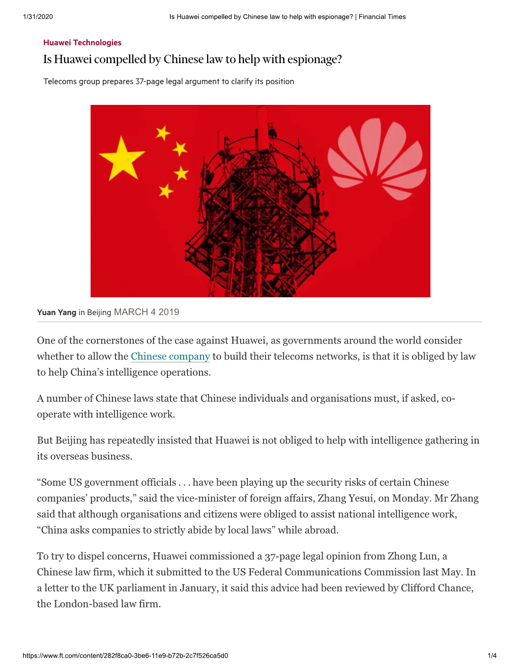 Is Huawei Compelled by Chinese Law to Help with Espionage? | Financial Times