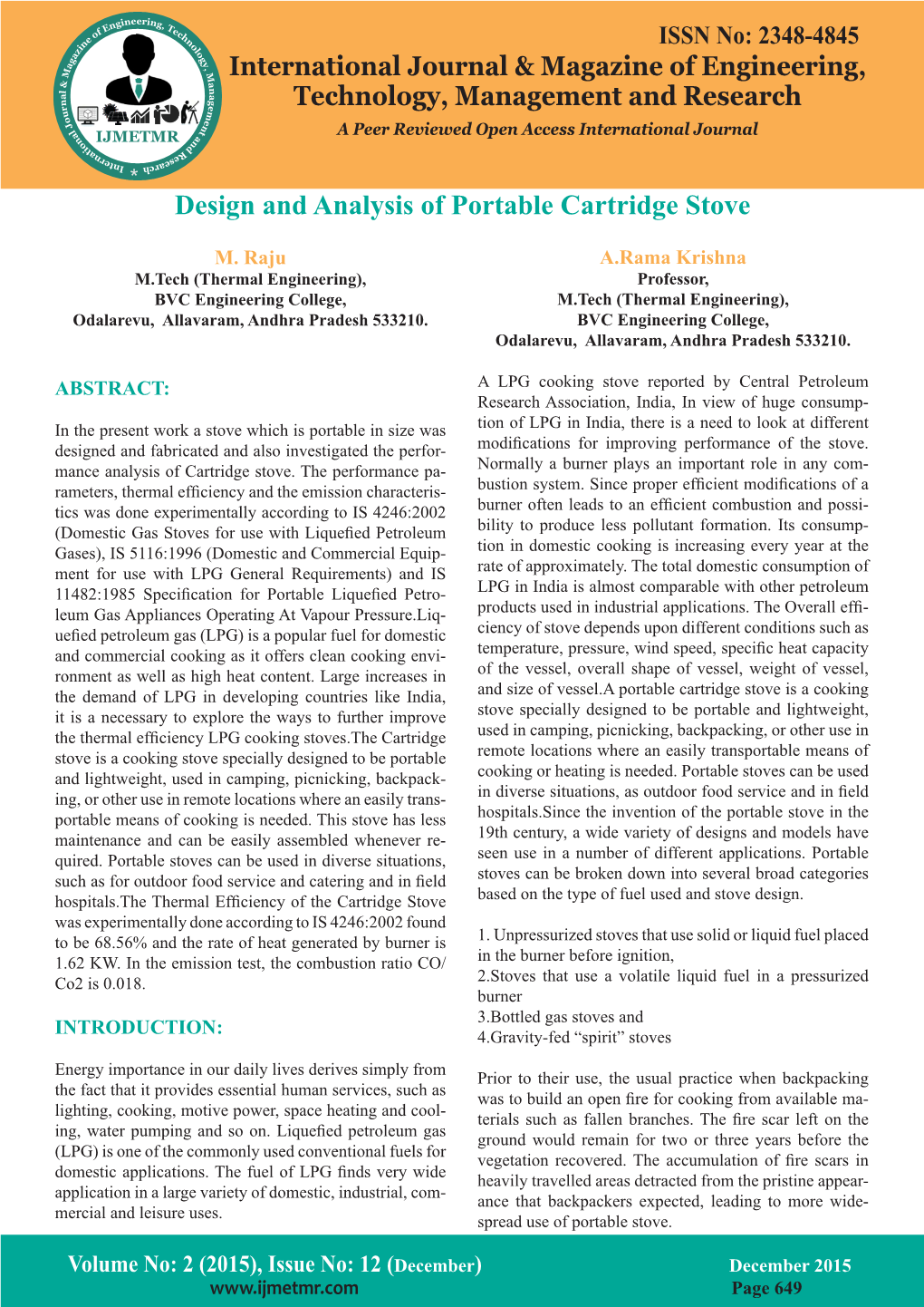 Design and Analysis of Portable Cartridge Stove M.Raju
