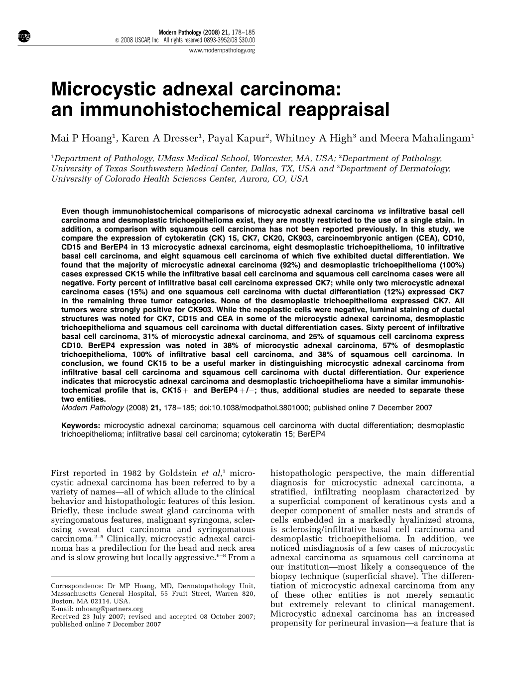 Microcystic Adnexal Carcinoma: an Immunohistochemical Reappraisal