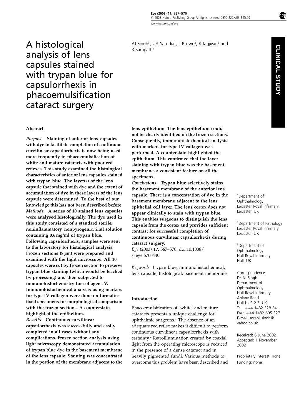 A Histological Analysis of Lens Capsules Stained with Trypan Blue