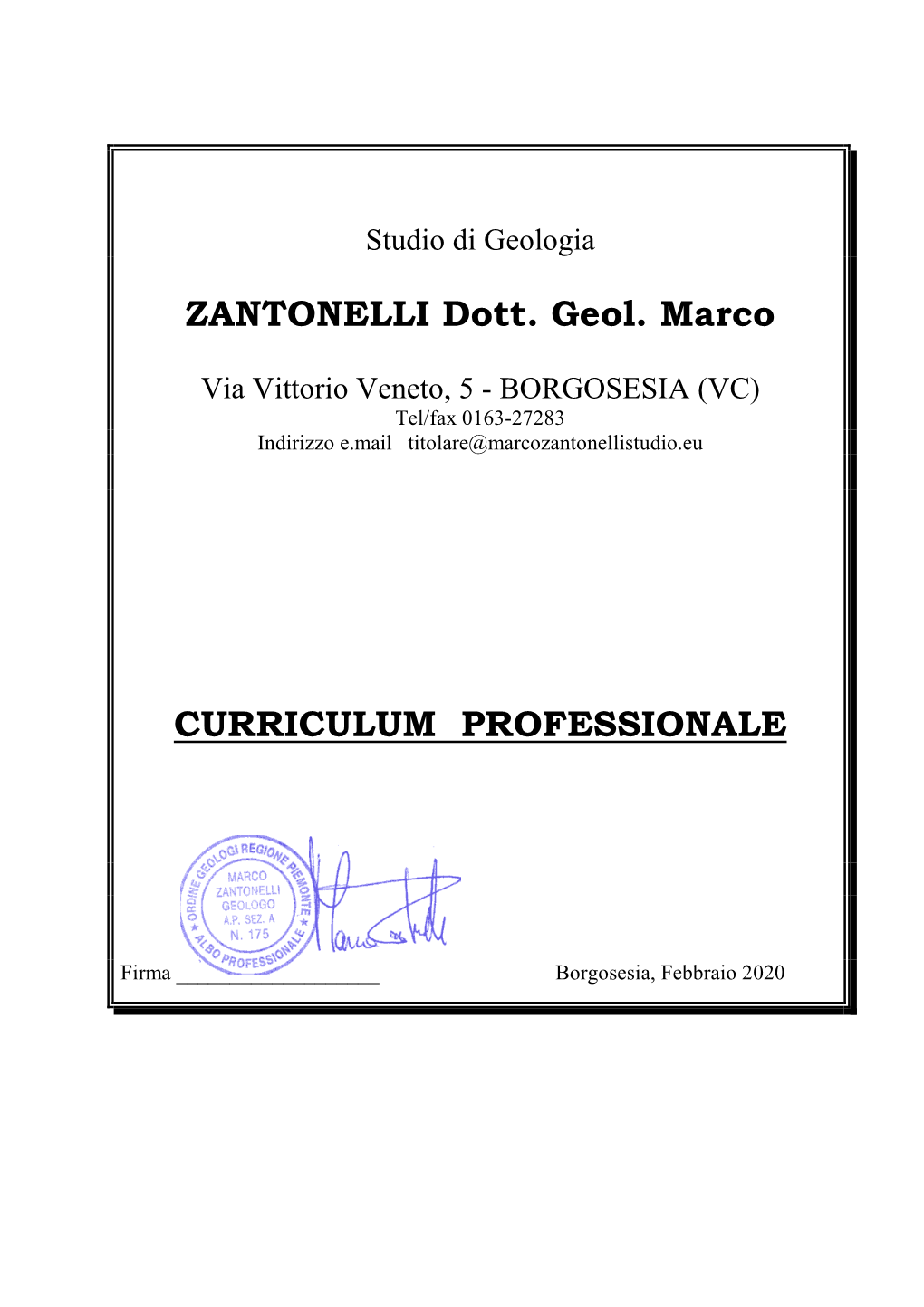 ZANTONELLI Dott. Geol. Marco CURRICULUM PROFESSIONALE