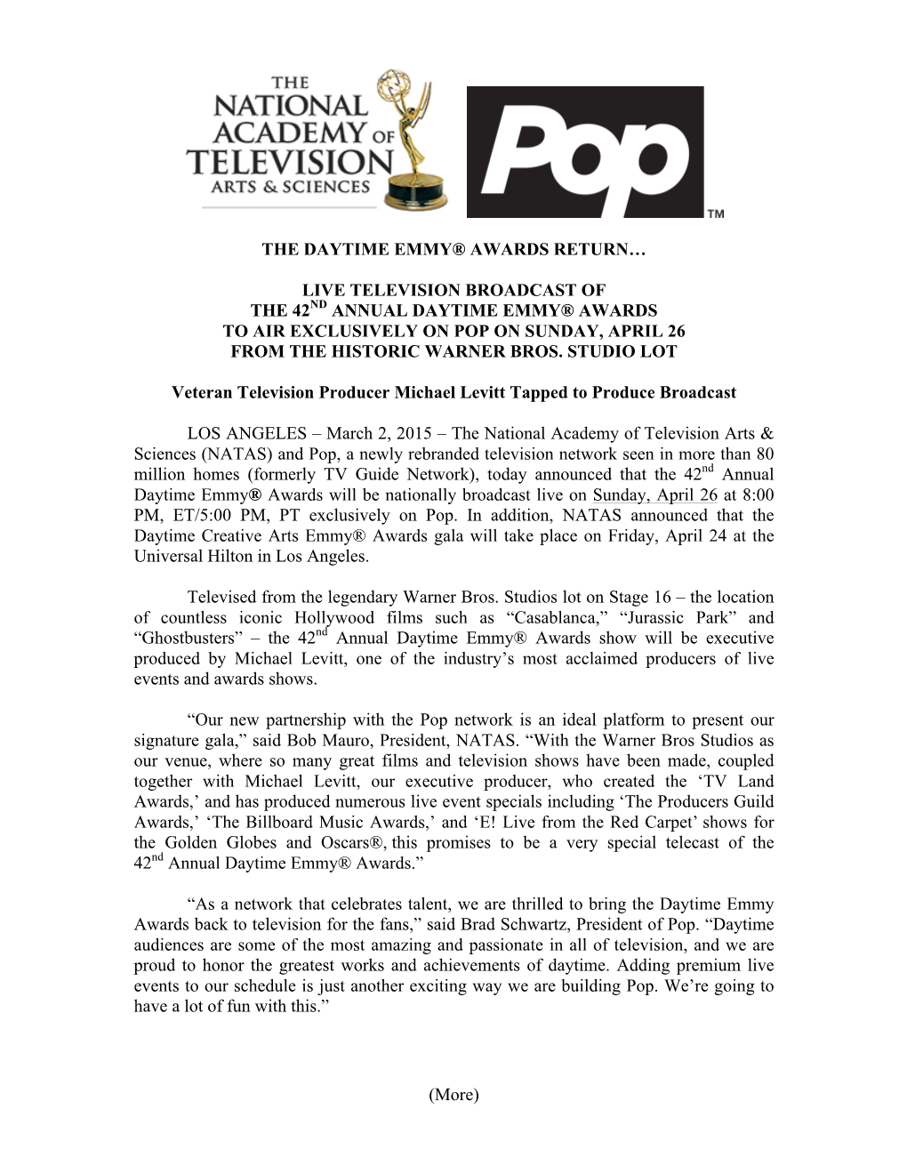 Live Television Broadcast of the 42Nd Annual Daytime Emmy® Awards to Air Exclusively on Pop on Sunday, April 26 from the Historic Warner Bros