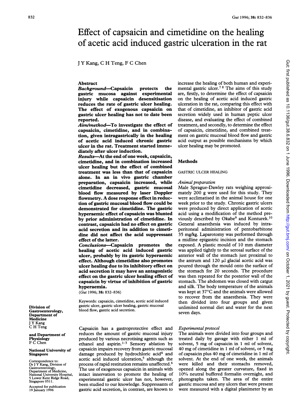 Of Acetic Acid Induced Gastric Ulceration in the Rat Gut: First Published As 10.1136/Gut.38.6.832 on 1 June 1996