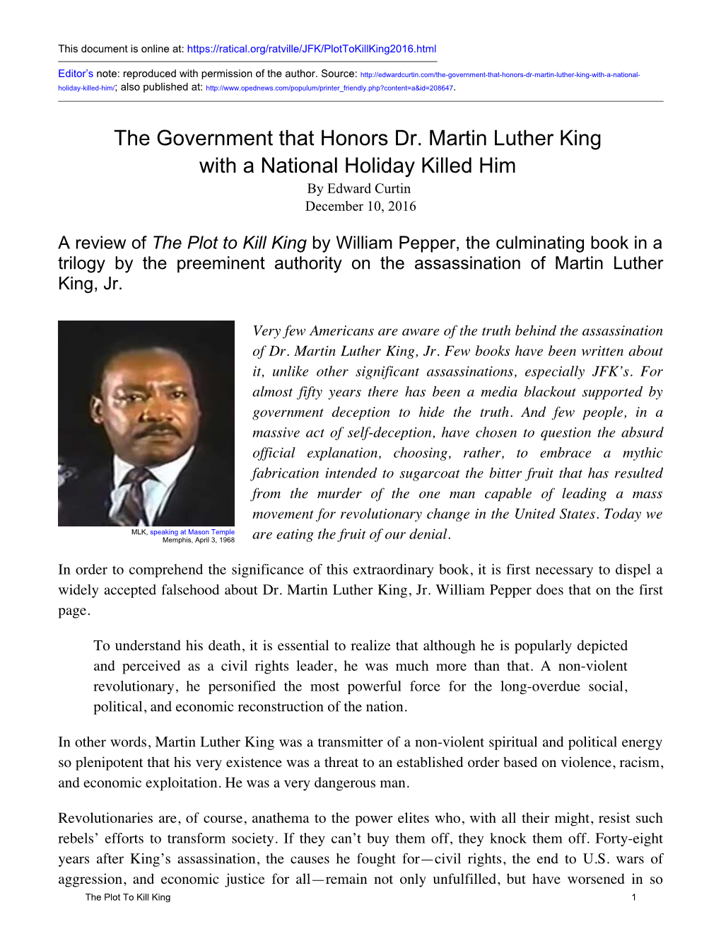 The Government That Honors Dr. Martin Luther King with a National Holiday Killed Him by Edward Curtin December 10, 2016
