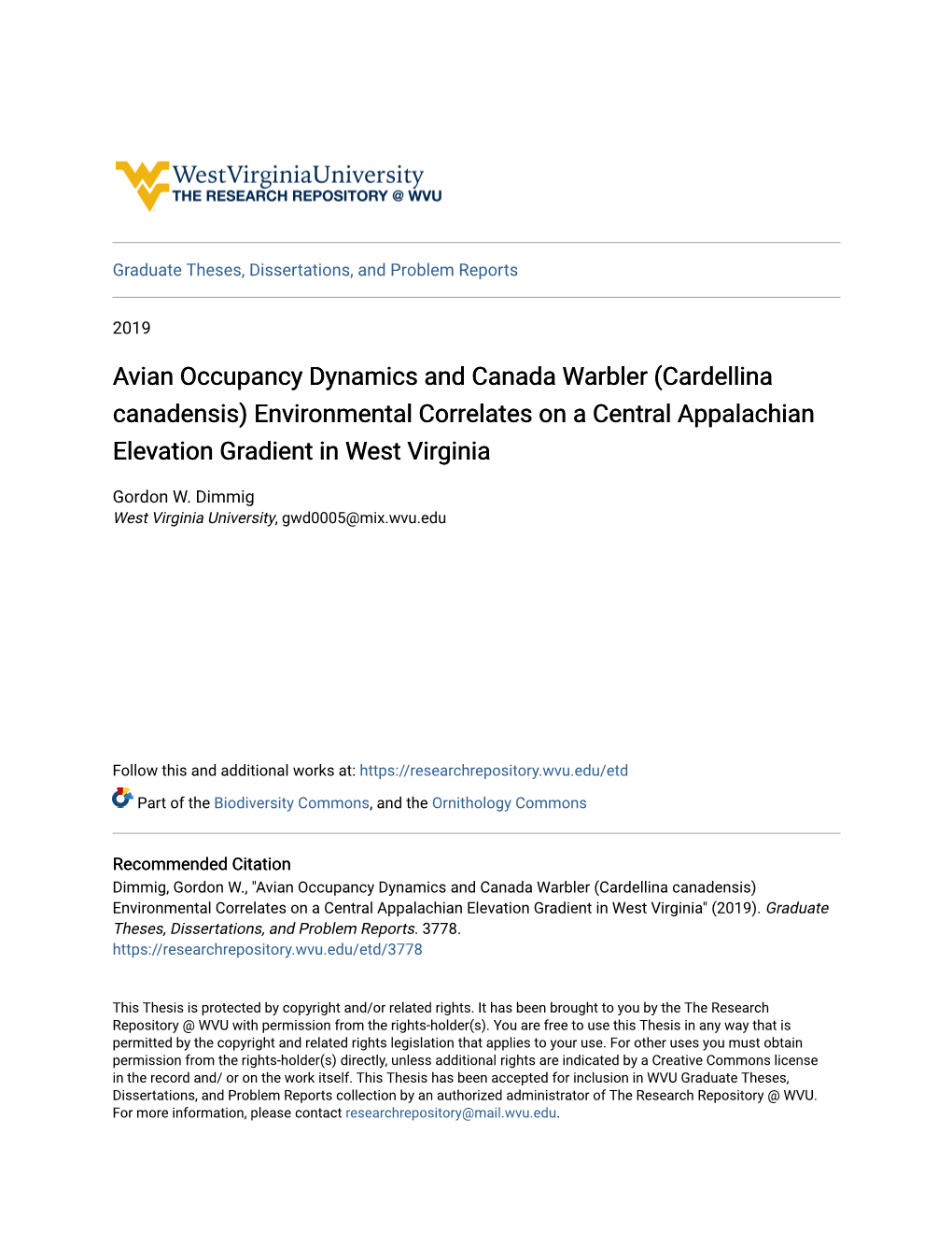 Avian Occupancy Dynamics and Canada Warbler (Cardellina Canadensis) Environmental Correlates on a Central Appalachian Elevation Gradient in West Virginia