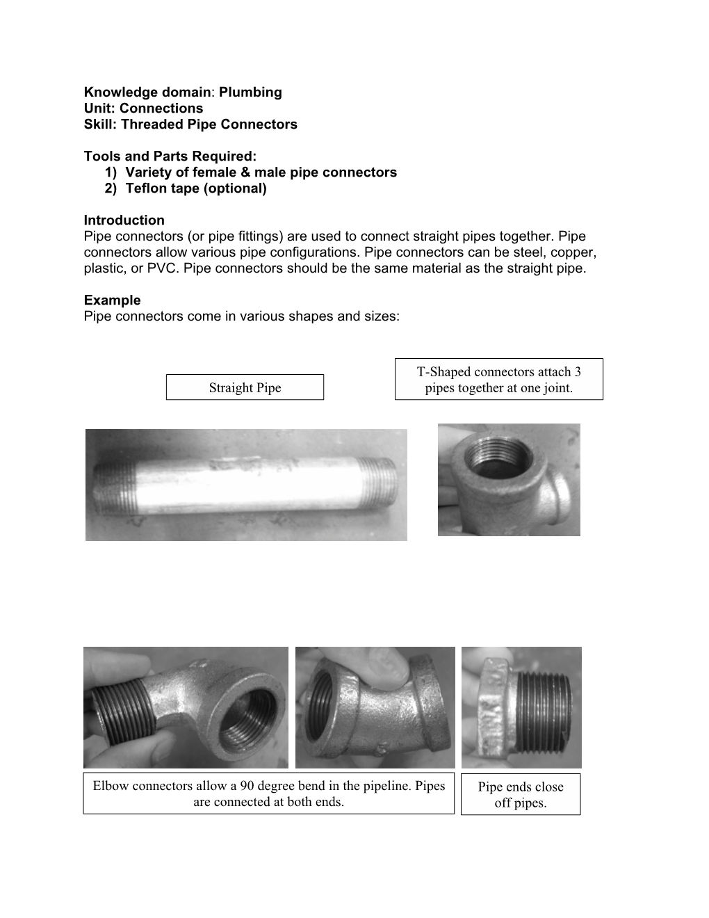 Plumbing Unit: Connections Skill: Threaded Pipe Connectors Tools