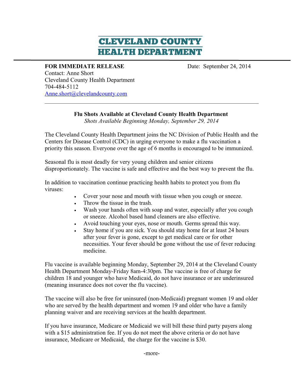 Flu Shots Available at Cleveland County Health Department