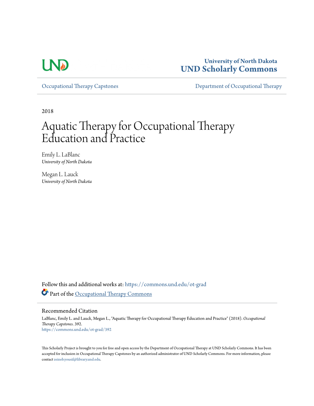 Aquatic Therapy for Occupational Therapy Education and Practice Emily L