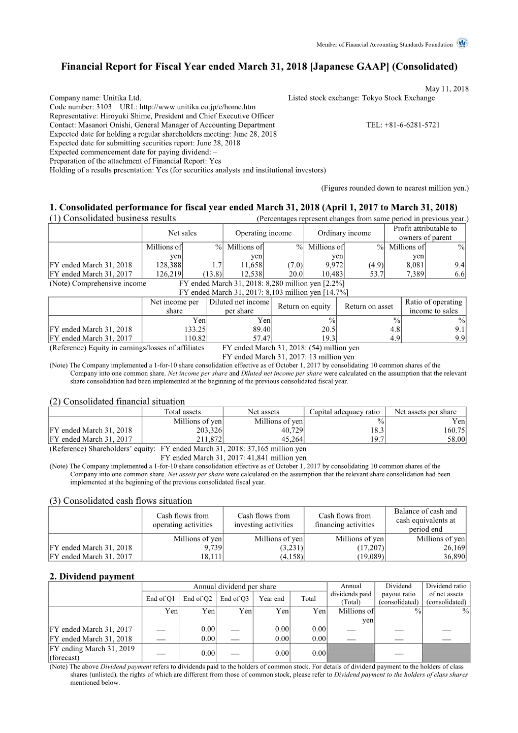 May. 11, 2018 Financial Report for Fiscal Year Ended March 31, 2018