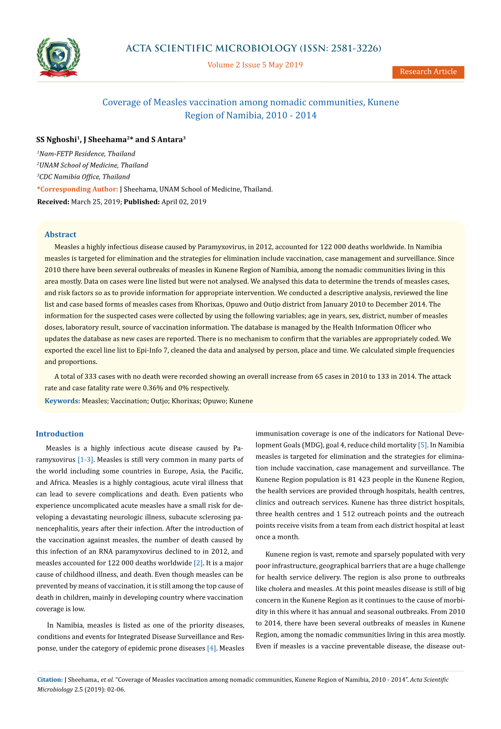 Coverage of Measles Vaccination Among Nomadic Communities, Kunene Region of Namibia, 2010 - 2014