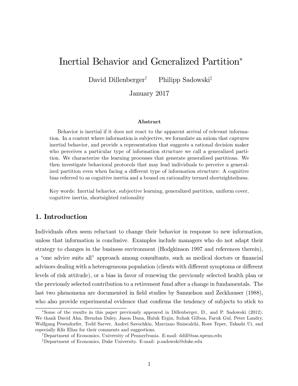 Inertial Behavior and Generalized Partition"