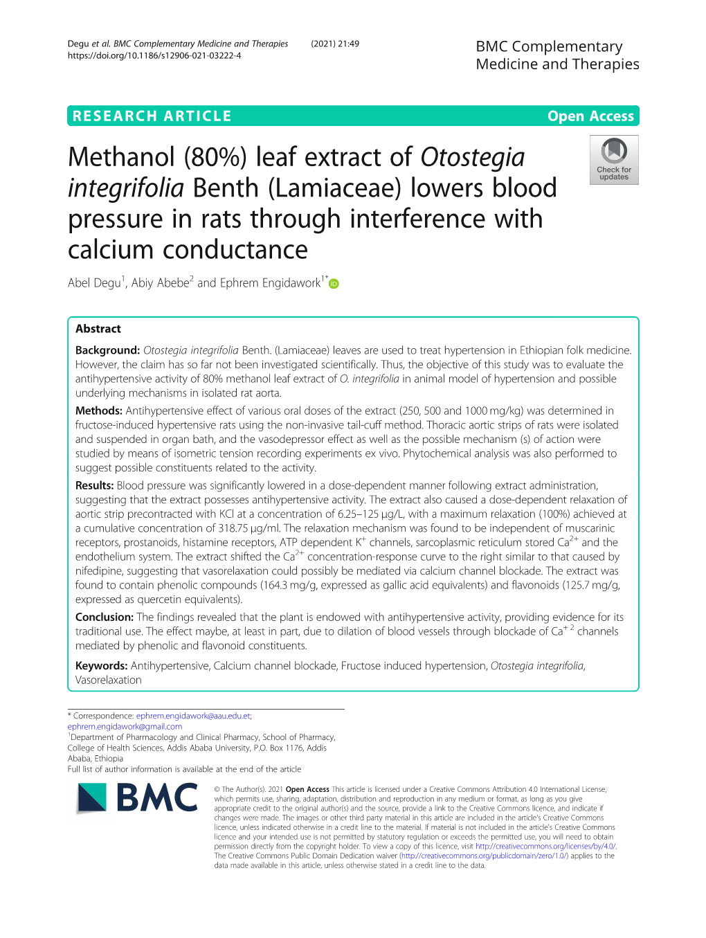 Methanol (80%) Leaf Extract of Otostegia Integrifolia Benth