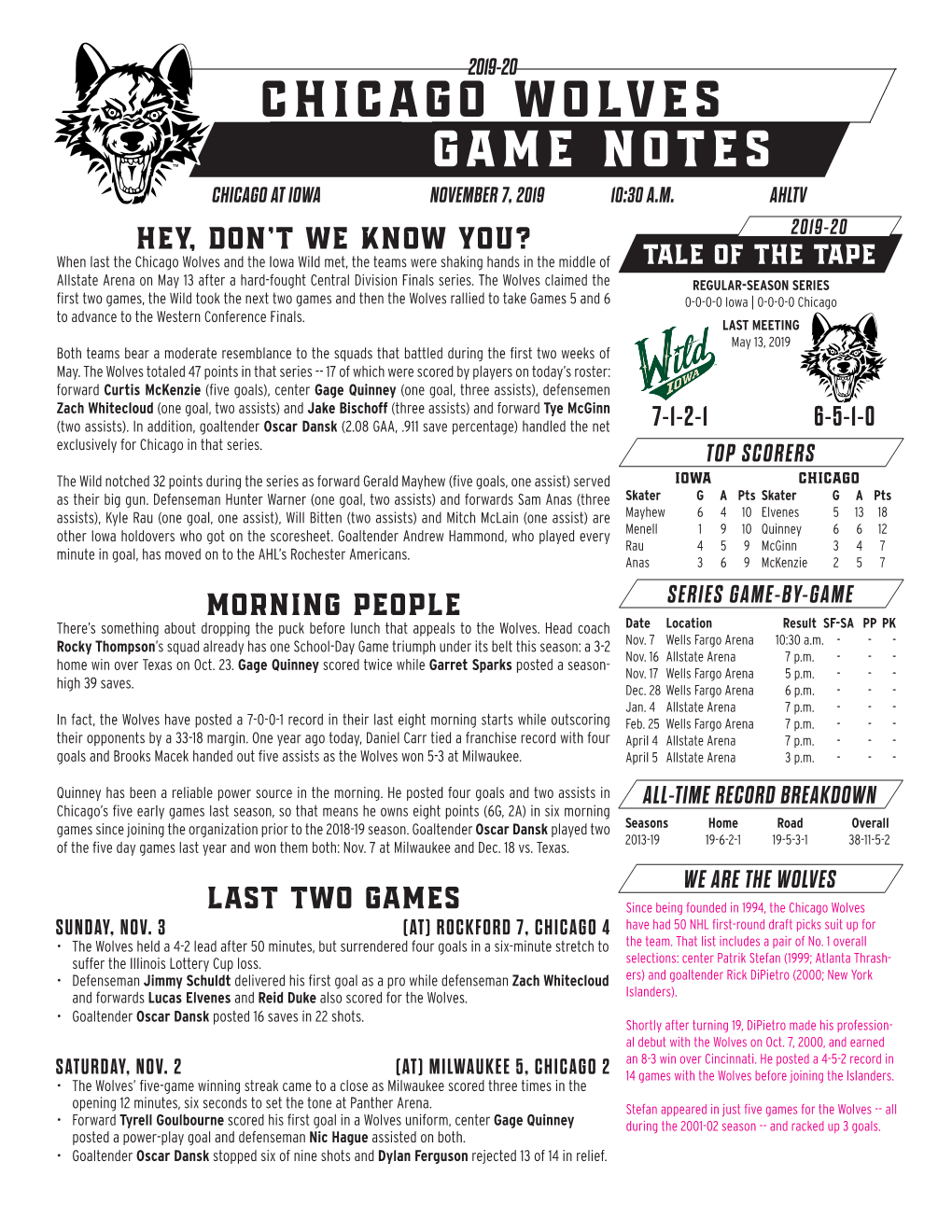 Chicago Wolves Game Notes CHICAGO at IOWA NOVEMBER 7, 2019 10:30 A.M