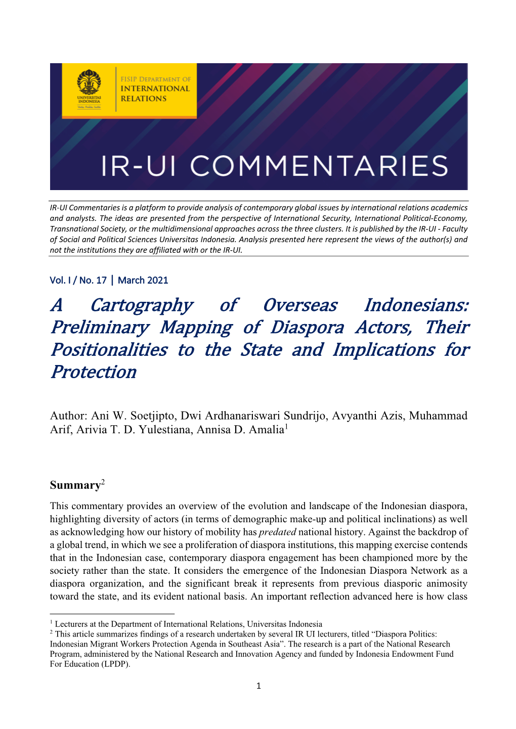 A Cartography of Overseas Indonesians: Preliminary Mapping of Diaspora Actors, Their Positionalities to the State and Implications for Protection