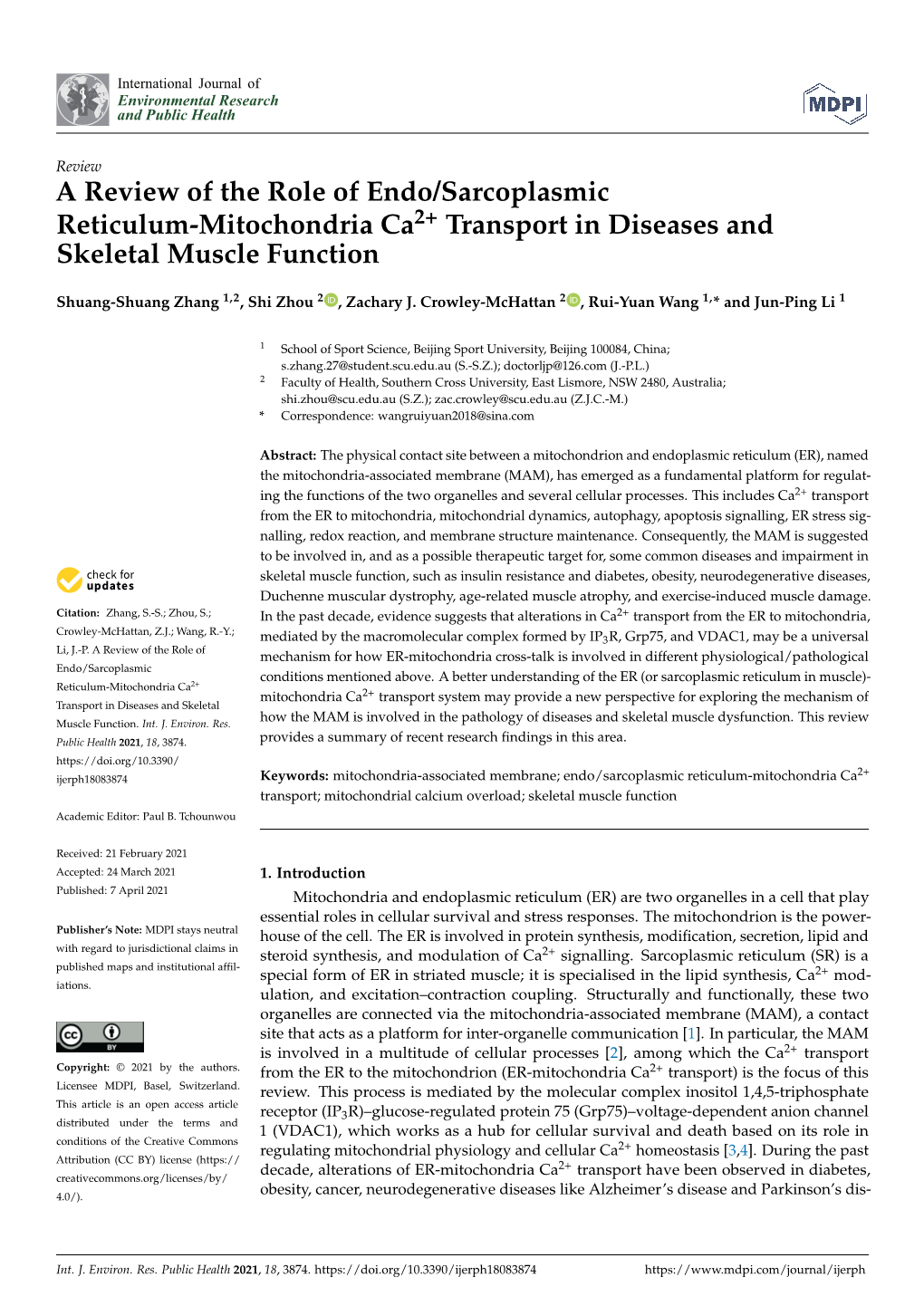 A Review of the Role of Endo/Sarcoplasmic Reticulum-Mitochondria Ca2+ Transport in Diseases and Skeletal Muscle Function