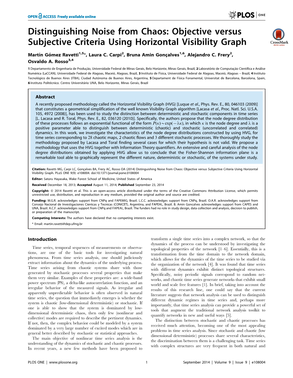 Distinguishing Noise from Chaos: Objective Versus Subjective Criteria Using Horizontal Visibility Graph