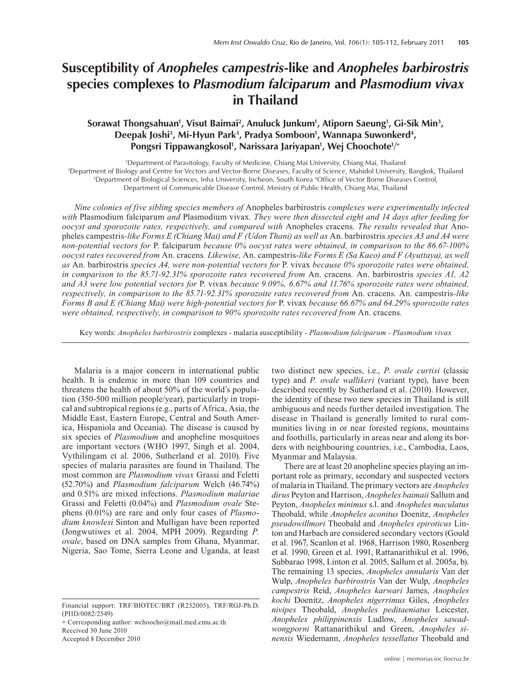 Susceptibility of Anopheles Campestris-Like and Anopheles Barbirostris Species Complexes to Plasmodium Falciparum and Plasmodium Vivax in Thailand