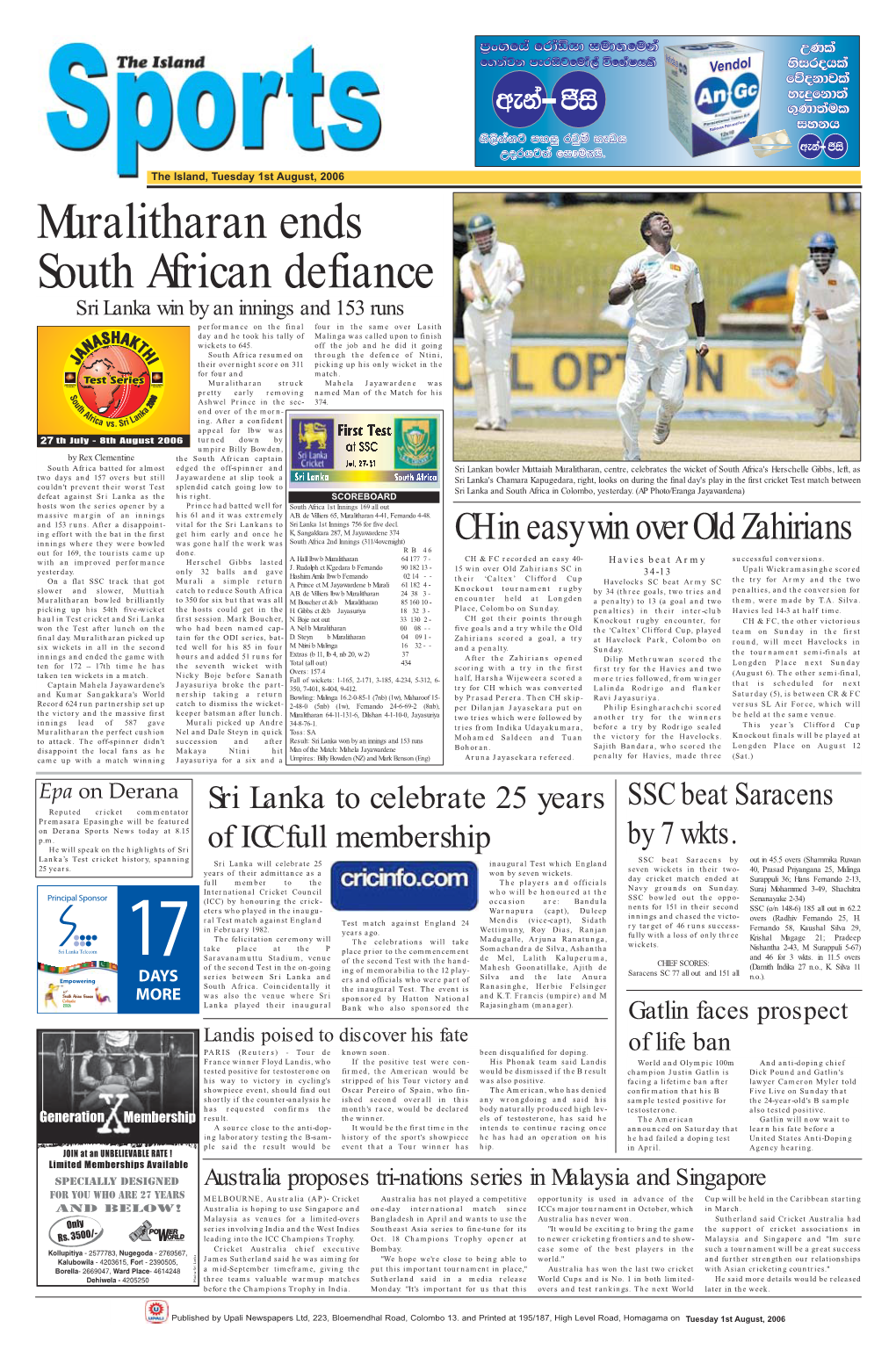 Muralitharan Ends South African Defiance