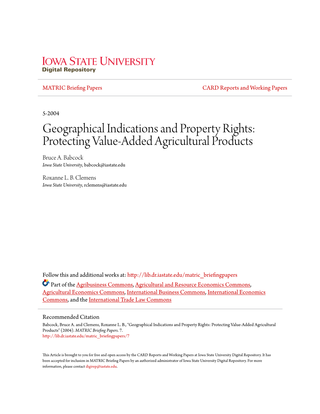 Geographical Indications and Property Rights: Protecting Value-Added Agricultural Products Bruce A