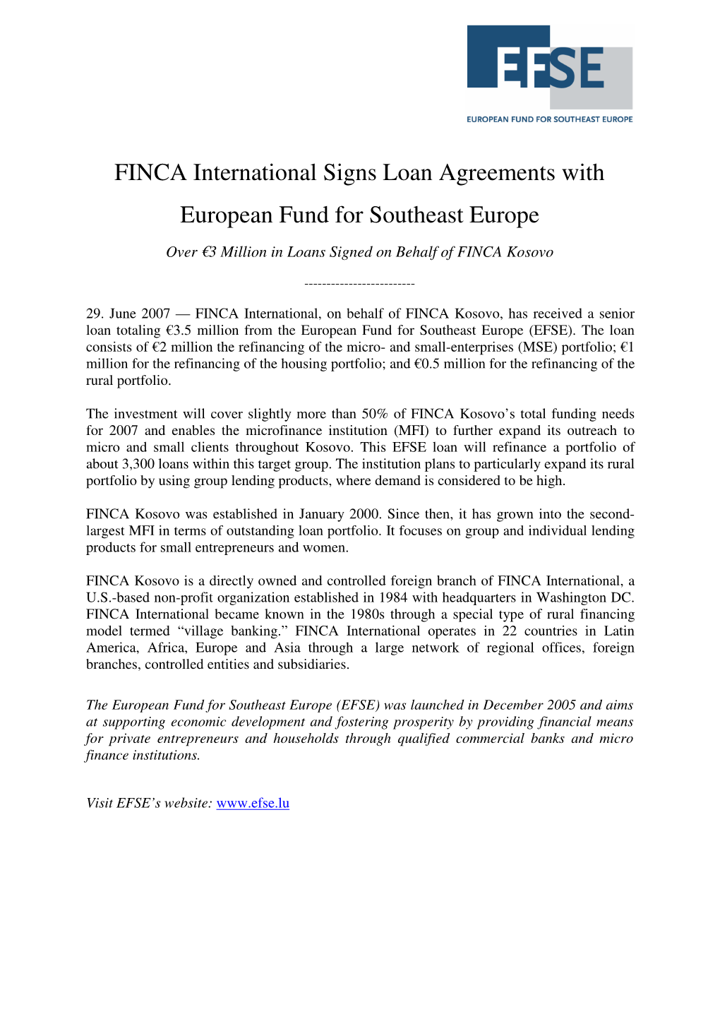 FINCA International Signs Loan Agreements with European Fund for Southeast Europe