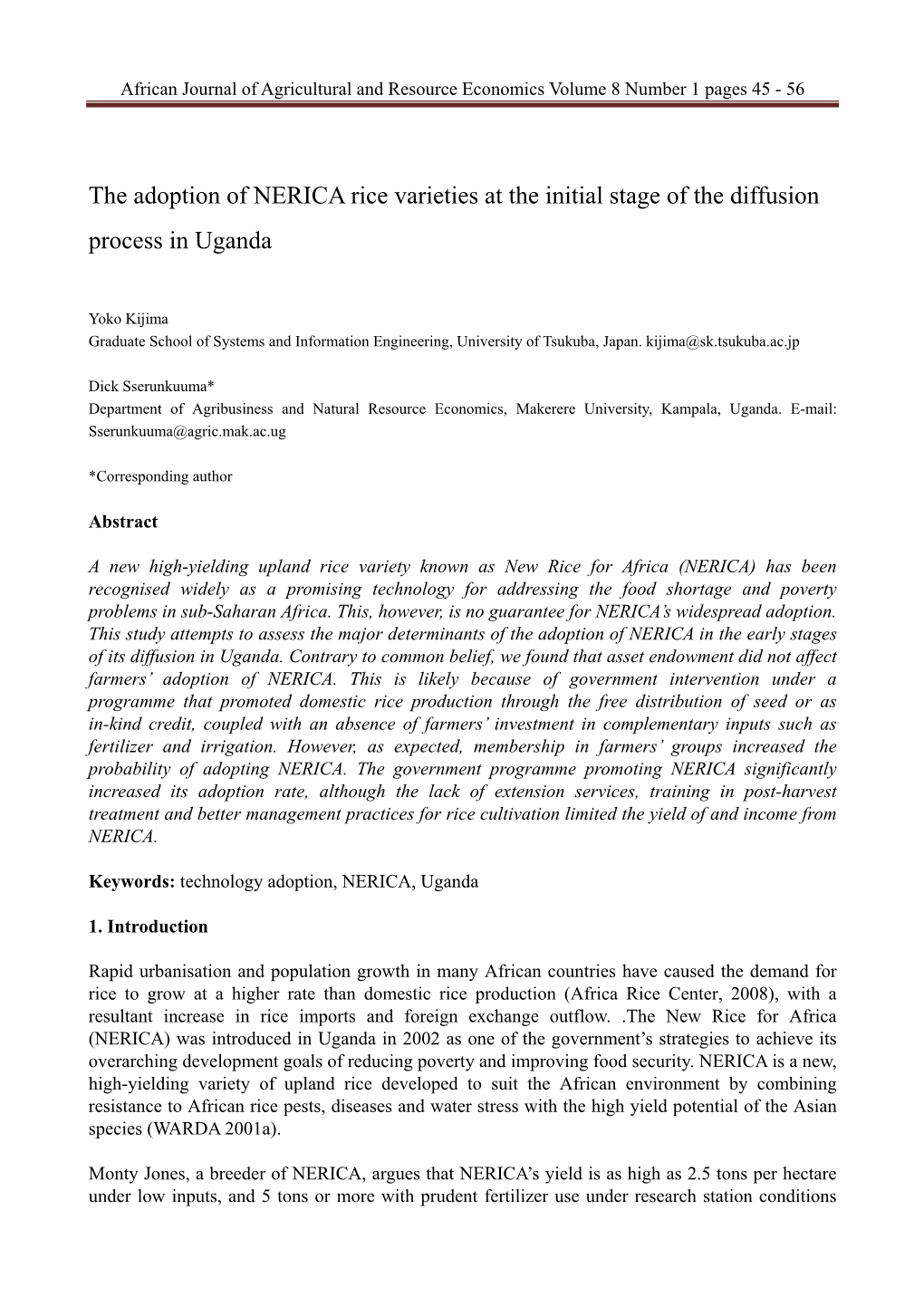 The Adoption of NERICA Rice Varieties at the Initial Stage of the Diffusion Process in Uganda