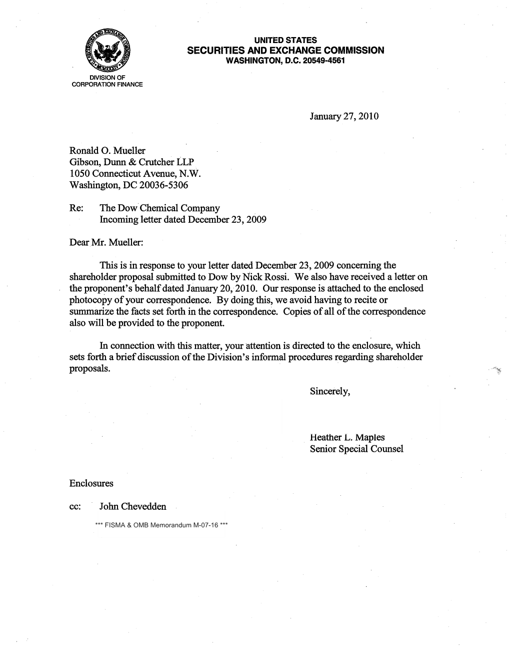 The Dow Chemical Company Incoming Letter Dated December 23, 2009