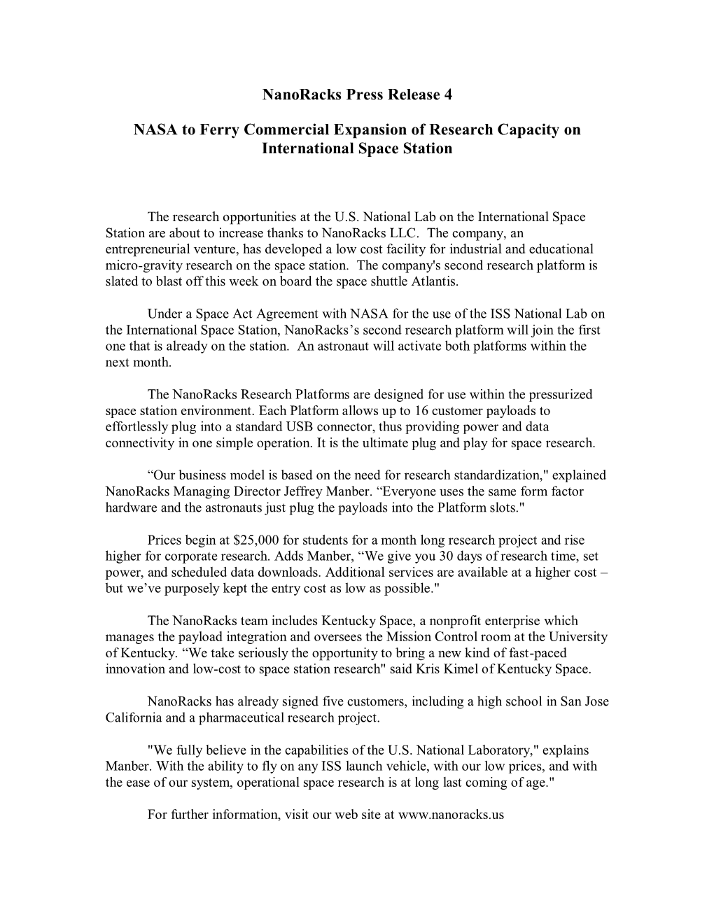 Nanoracks Press Release 4 NASA to Ferry Commercial Expansion Of