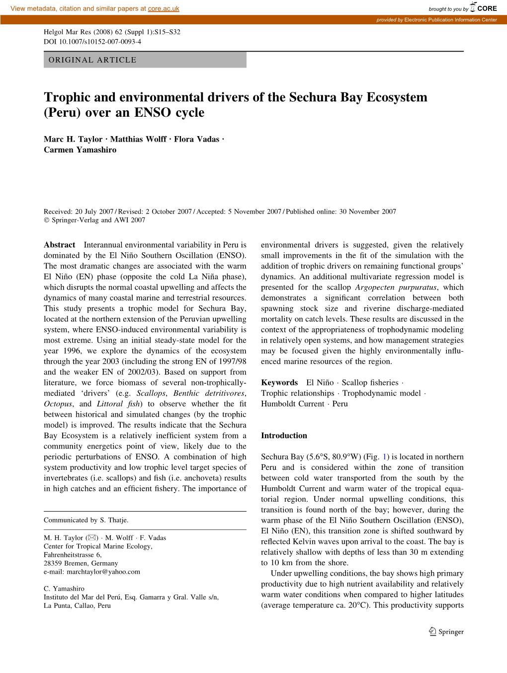 Trophic and Environmental Drivers of the Sechura Bay Ecosystem (Peru) Over an ENSO Cycle