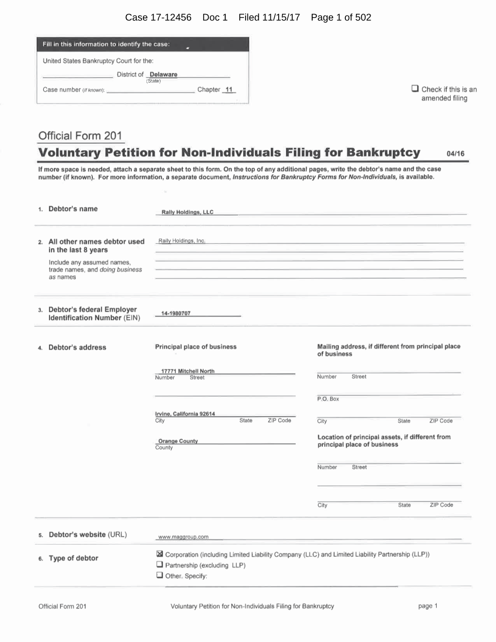 Case 17-12456 Doc 1 Filed 11/15/17 Page 1 Of