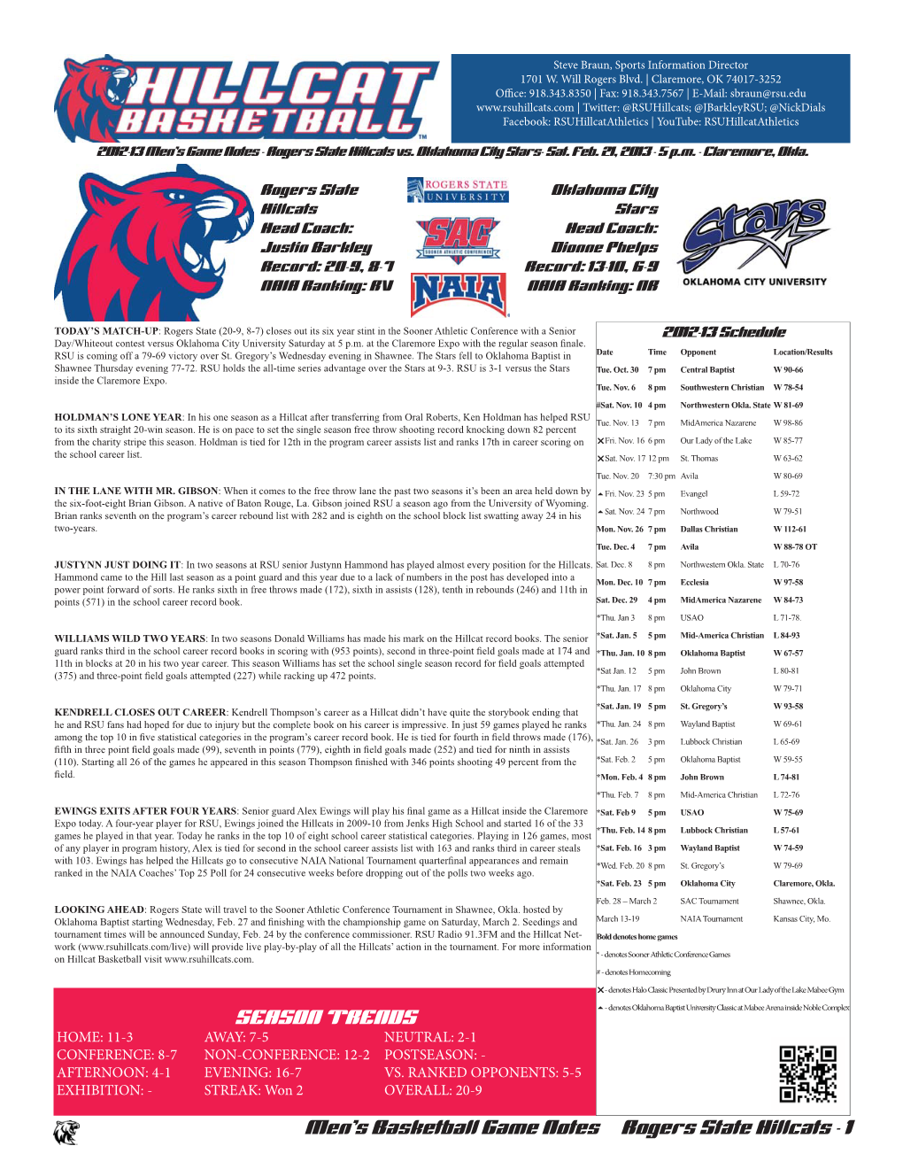 Men's Basketball Game Notes Rogers State Hillcats