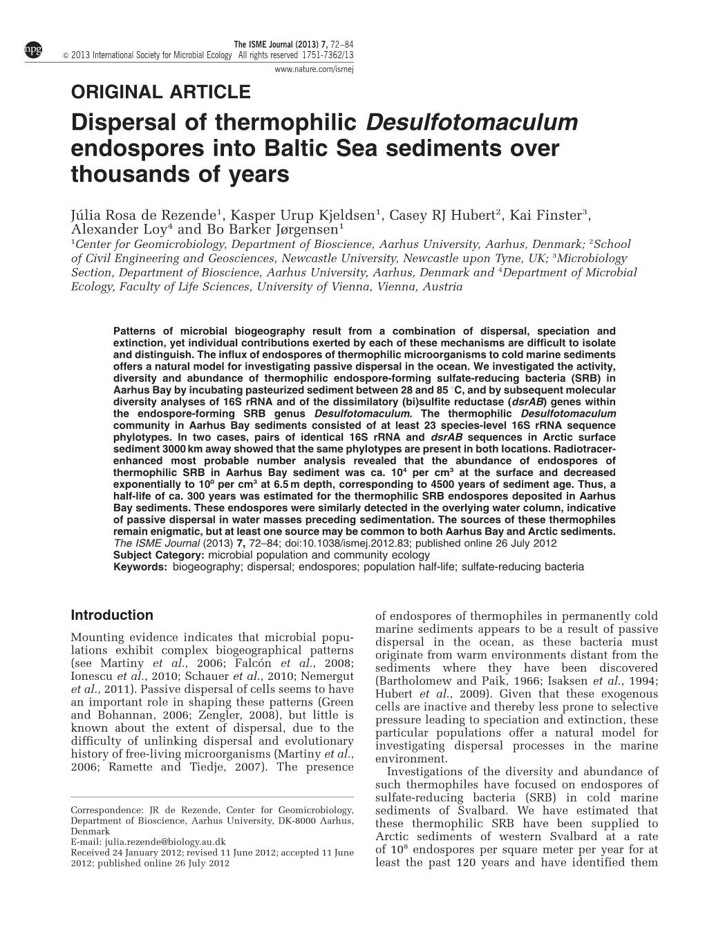 Dispersal of Thermophilic Desulfotomaculum Endospores Into Baltic Sea Sediments Over Thousands of Years