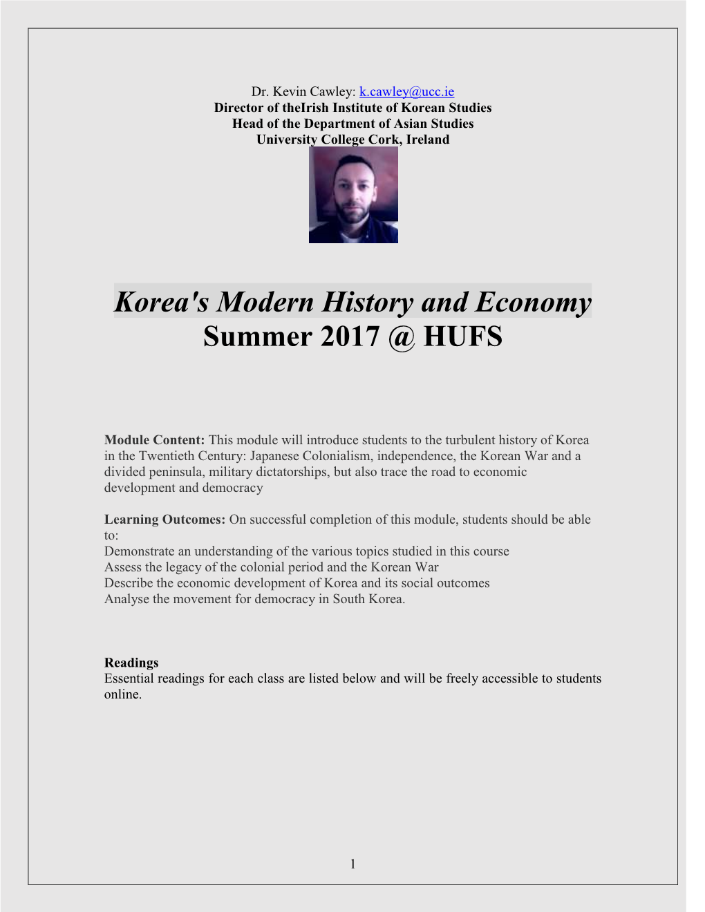 Korea's Modern History and Economy Summer 2017 @ HUFS