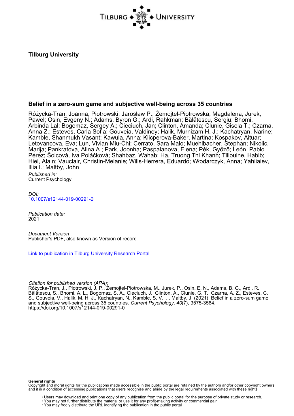 Belief in a Zero-Sum Game and Subjective Well-Being Across 35 Countries