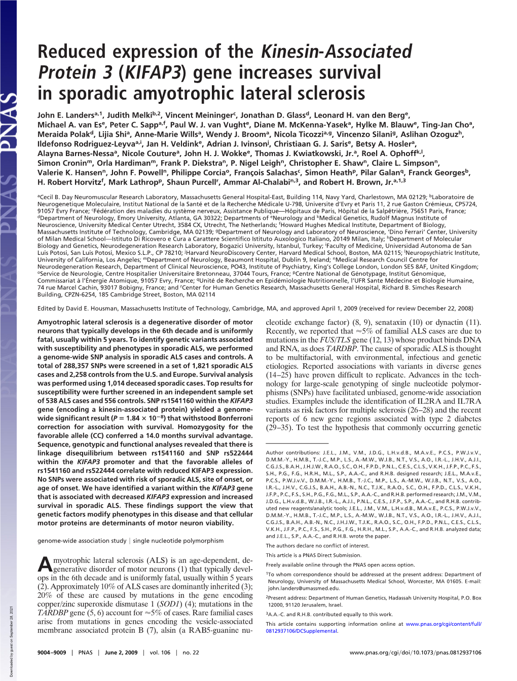 Reduced Expression of the Kinesin-Associated Protein 3 (KIFAP3) Gene Increases Survival in Sporadic Amyotrophic Lateral Sclerosis