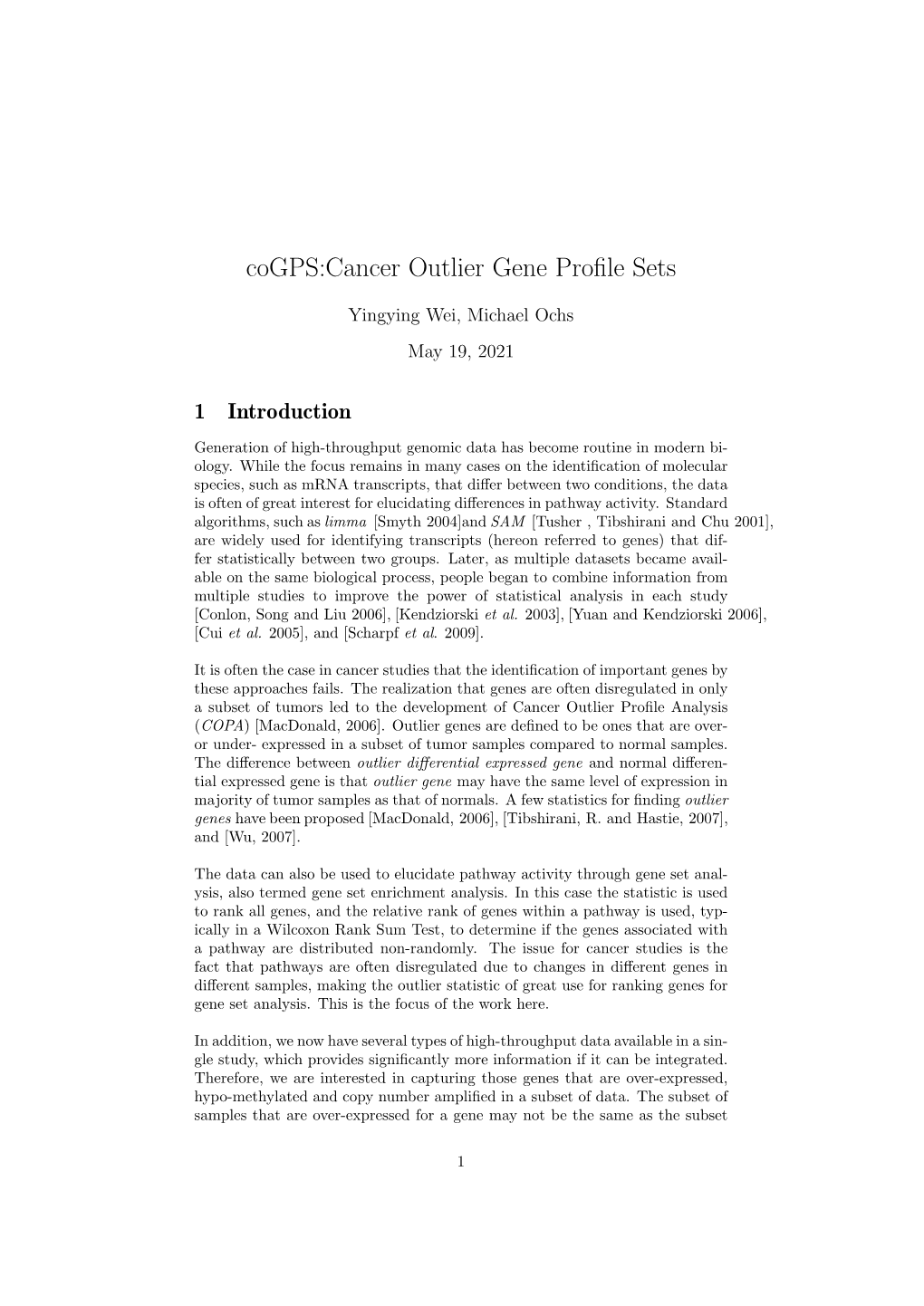 Cogps:Cancer Outlier Gene Profile Sets