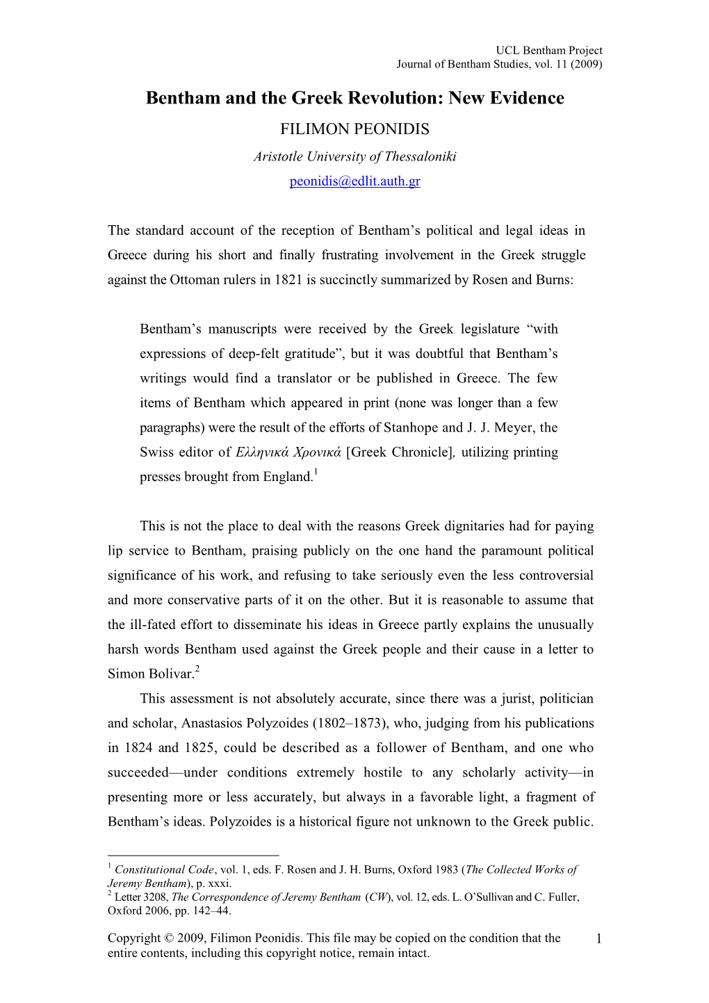 Bentham and the Greek Revolution: New Evidence FILIMON PEONIDIS Aristotle University of Thessaloniki Peonidis@Edlit.Auth.Gr