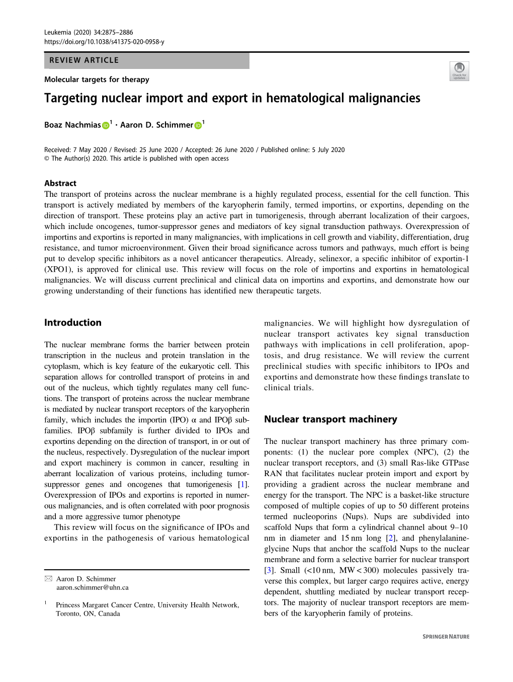 Targeting Nuclear Import and Export in Hematological Malignancies