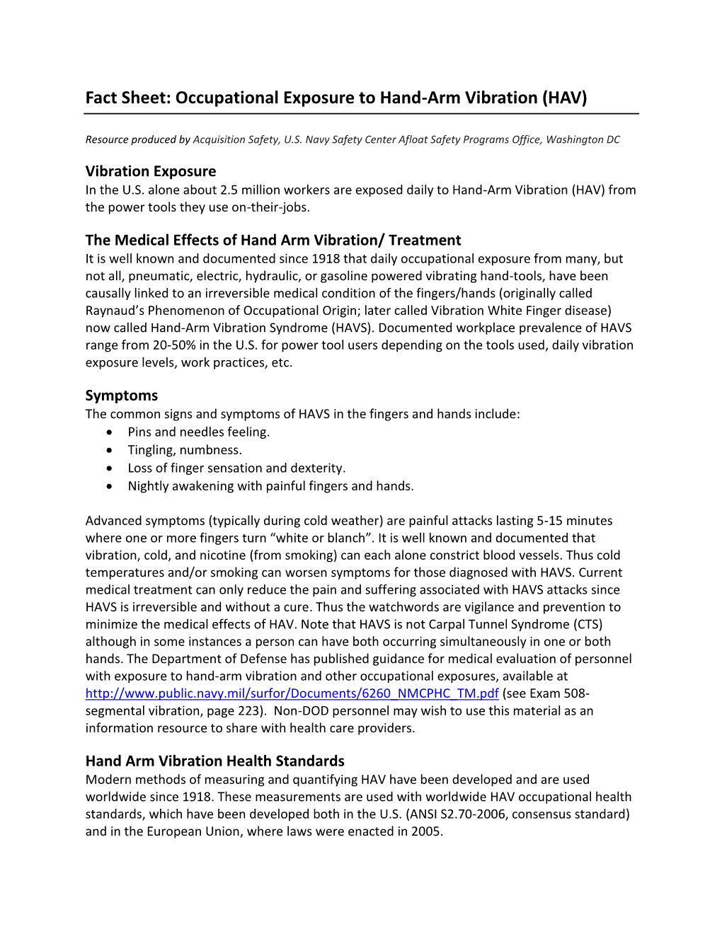 Fact Sheet: Occupational Exposure to Hand-Arm Vibration (HAV)