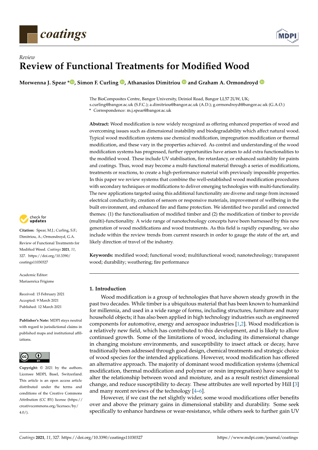 Review of Functional Treatments for Modified Wood