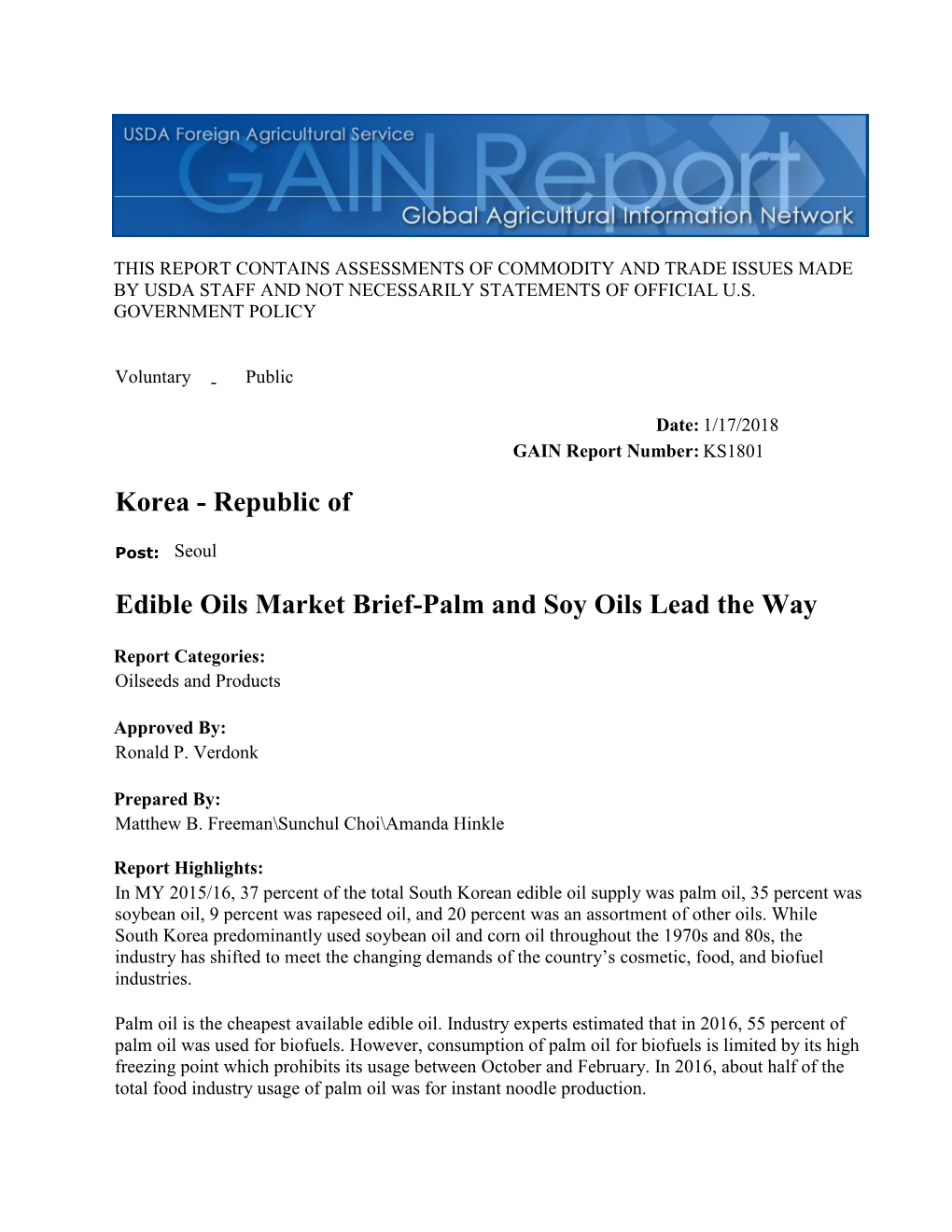 Edible Oils Market Brief-Palm and Soy Oils Lead the Way Korea