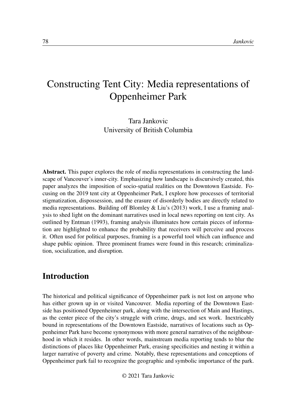 Constructing Tent City: Media Representations of Oppenheimer Park