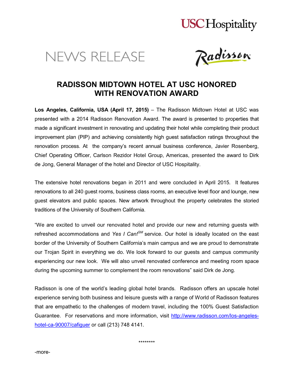 Radisson Midtown Hotel at Usc Honored with Renovation Award