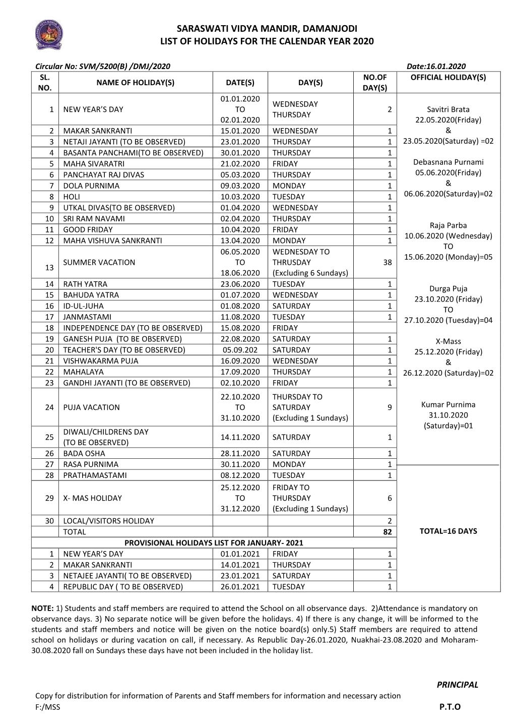 Saraswati Vidya Mandir, Damanjodi List of Holidays for the Calendar Year 2020