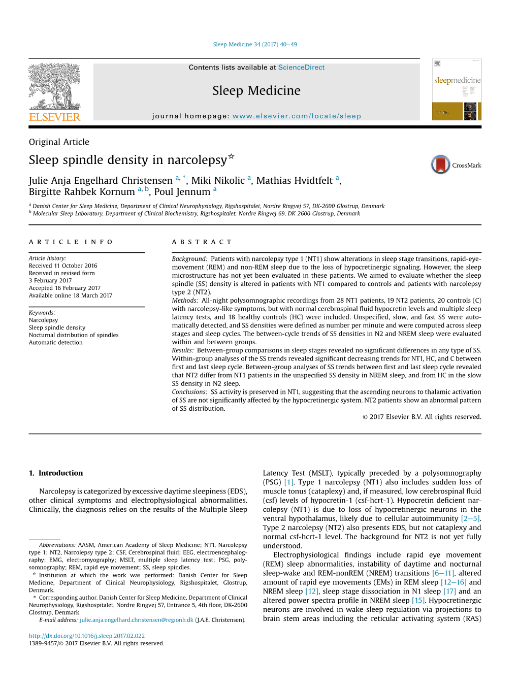 Sleep Spindle Density in Narcolepsy*