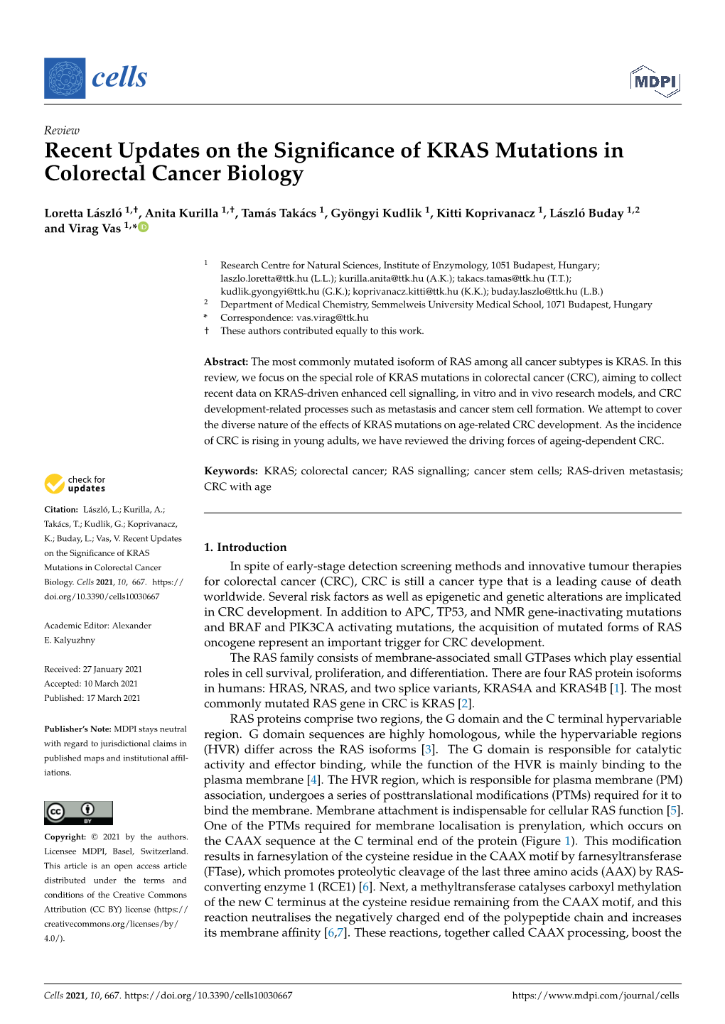 Recent Updates on the Significance of KRAS Mutations in Colorectal
