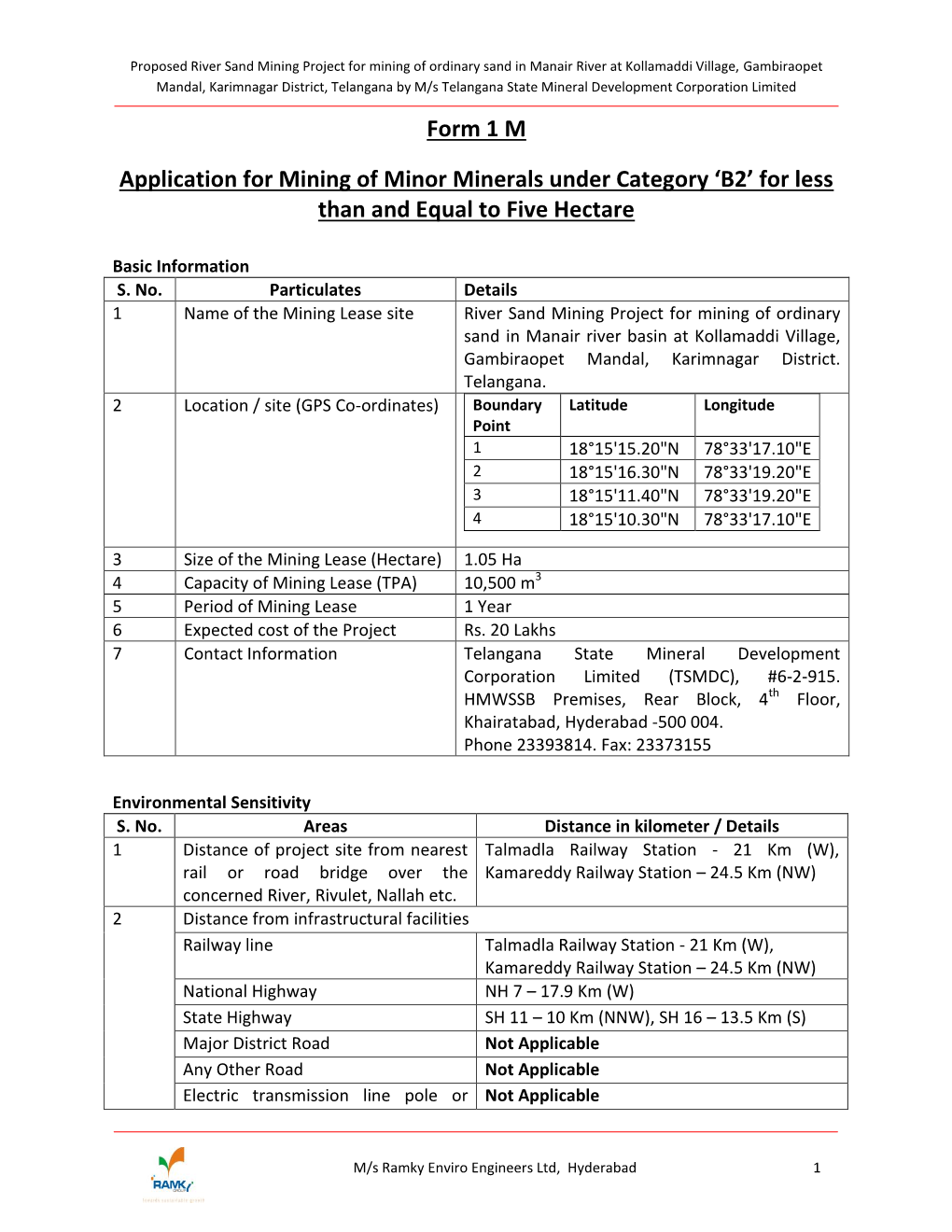 Form 1 M Application for Mining of Minor