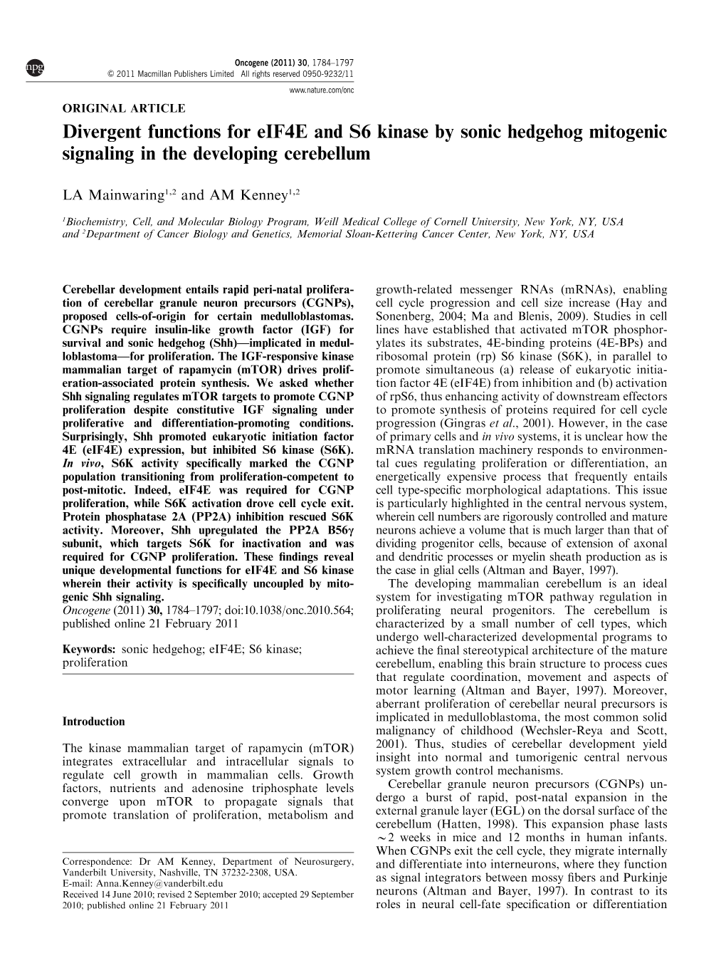 Divergent Functions for Eif4e and S6 Kinase by Sonic Hedgehog Mitogenic Signaling in the Developing Cerebellum