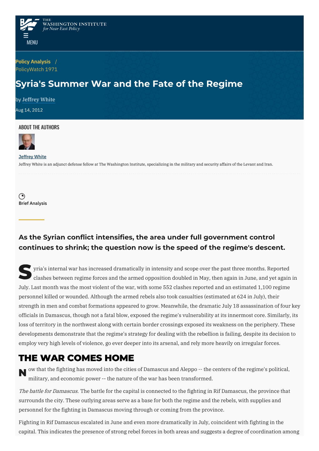 Syria's Summer War and the Fate of the Regime | the Washington Institute